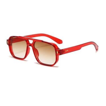 Imagem de OZPYKAE Óculos de sol masculinos quadrados, retrô, proteção UV400, ponte dupla, moderno, retangular, aviador, óculos de sol, Vermelho, tamanho �nico
