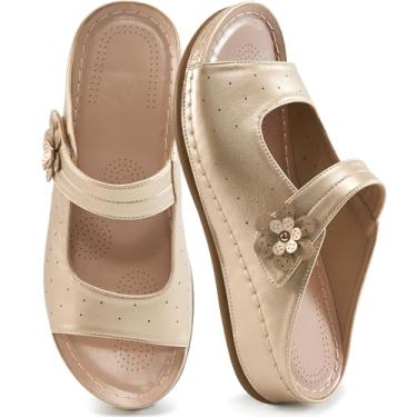 Imagem de FUDYNMALC Sandálias femininas deslizantes 2026: Sapatos confortáveis de plataforma de praia de verão femininos elegantes, Dourado, 36