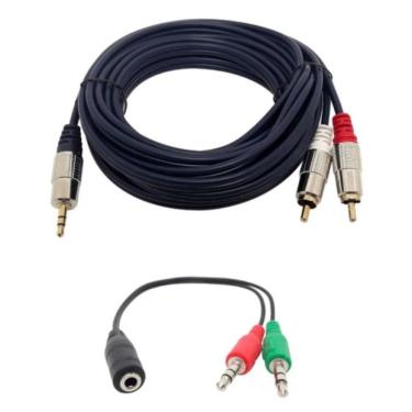 Imagem de Kit 1 Cabo P2 Estéreo X 2 Rca 5mt+adaptador P3 Com 2 Jacks P2
