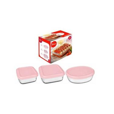 Imagem de Conjunto de Assadeiras em Vidro Nadir Marinex com Tampa Plástica Rosa– 3 Peças