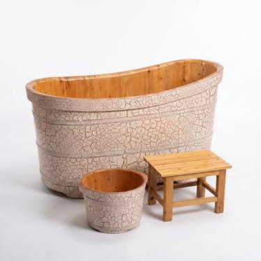 Imagem de Banheira de madeira de cedro natural com tampa e acessórios – Barril de imersão de spa luxuoso com encosto removível de 99 a 163 cm (branco, 129,5 cm)