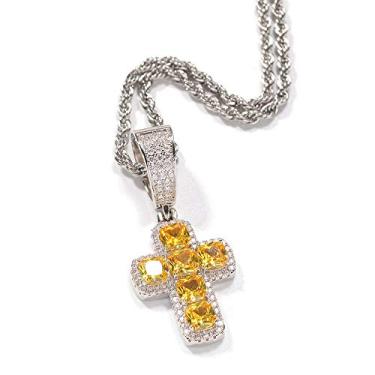 Imagem de Fantex Pingente de cruz de pedra gelada banhado a ouro 14K, diamante de laboratório CZ brilhante pavê completo com corrente de corda de freio cubana Hip Hop urbana para homens e mulheres,