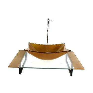 Imagem de KIT CUBA DE VIDRO RETANGULAR COM TAMPO 60CM DOURADO REAL E SUPORTE TORNEIRA VALVULA