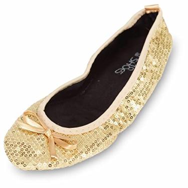 Imagem de Sapatos 18 femininos dobráveis portáteis de balé para viagem com estojo de transporte combinando, Lantejoulas - Ouro, 7-8