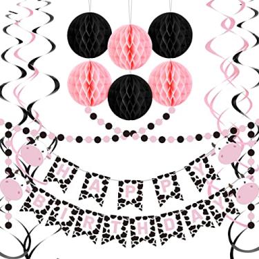 Imagem de Suprimentos de decorações de festa com tema de vaca animal rosa suprimentos de festa de aniversário vaca feliz aniversário banner pendurado redemoinho redondo guirlanda de papel bolas de flores de favo de mel para suprimentos de chá de bebê teto