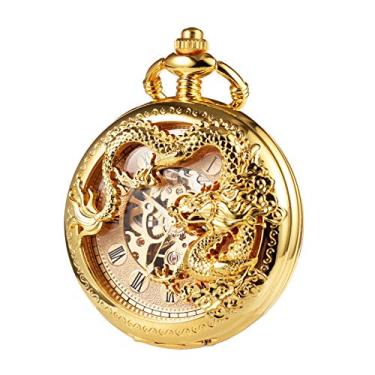 Imagem de TREEWETO Relógio de bolso masculino vintage esqueleto mecânico dragão oco caçador com c...