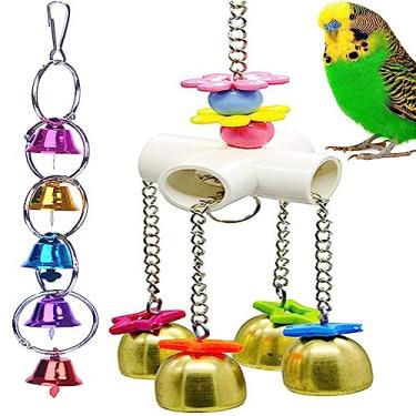Imagem de Sinos de balanço de pássaro brinquedo com corrente de mastigar anel pendurado brinquedo interativo gaiola mordida para animal de estimação periquito calopsita conure arara cinza africano ecclectus cacatua tentilhões Lovebird quaker papagaio tentilhão canário