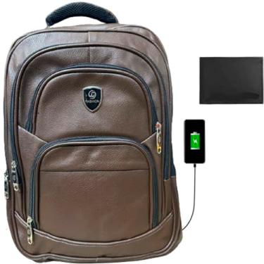 Imagem de Mochila Masculina Couro Reforçada Bolsa Notebook Impermeável Executiva com USB e carteira de couro legítimo (MARROM)