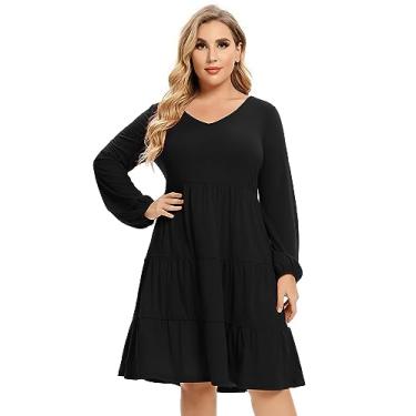 Imagem de ShopWonder Vestido feminino plus size de outono manga longa decote em V plissado vestido casual em camadas evasê vestidos midi de cintura alta, Preto, 3G