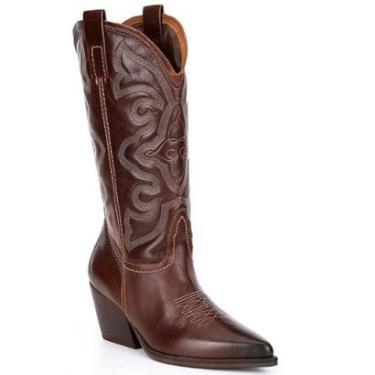 Imagem de Bota Texana Couro Feminina Cano Longo Bordada Macia Conforto-Feminino