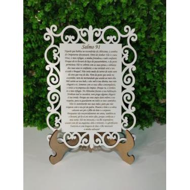 Imagem de Quadro Salmo 91 em mdf branco 28cm x 20cm com suporte para mesa