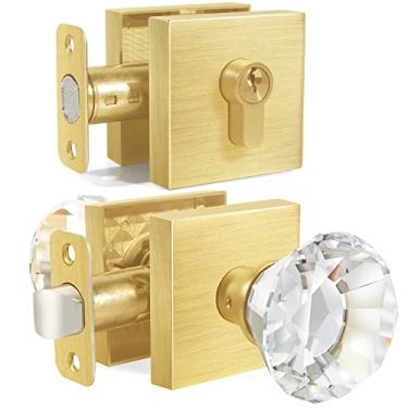 Imagem de HIEMEY Conjunto de maçaneta de porta de cristal de vidro de diamante de latão acetinado e fechadura de cilindro único