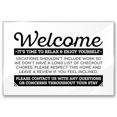 Imagem de Placa acrílica de 6 x 4 Airbnb Essentials para anfitriões, placas Airbnb para convidados, placa de aluguel de férias Welcome Relax & Enjoy Yourself, decoração amigável para locatários, placa de