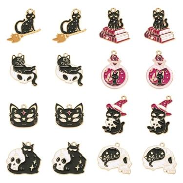 Imagem de Elecrelive Berloques de gato de Halloween esmaltados para gatos pretos 8 estilos pingentes de gatinho fofo com pingentes de gato com pingentes de caveira para brincos colar pulseira chaveiro