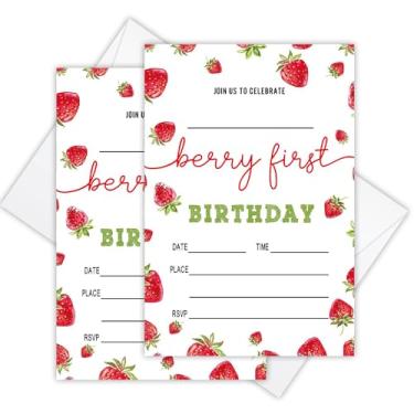Imagem de Convite de primeiro aniversário Berry com envelopes, cartões de convite de aniversário de morango para festa de 1º aniversário, rosa, morango, convites de aniversário de 20 anos, para lembrancinhas de