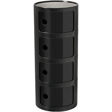 Imagem de Mesa de cabeceira redonda de plástico de 2/3/4 níveis de armazenamento com gavetas e porta deslizante armário de cabeceira moderno nórdico para quarto, preto, 32 x 76 cm