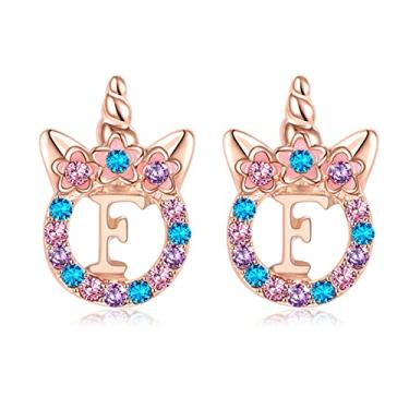 Imagem de TRWWELL Lindos brincos de unicórnio, hipoalergênicos, com strass, letra inicial, para meninas, unicórnios, presentes para crianças, Zinco, Strass