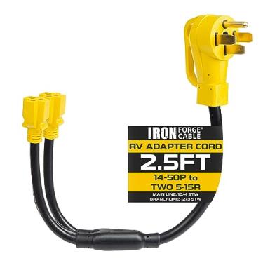 Imagem de Iron Forge Cable Cabo para trailer, gerador fêmea e adaptador elétrico para trailer, plugue macho para duas fêmeas 5-15R, adaptador de plugue de 2,5 pés - amarelo 10/4 STW