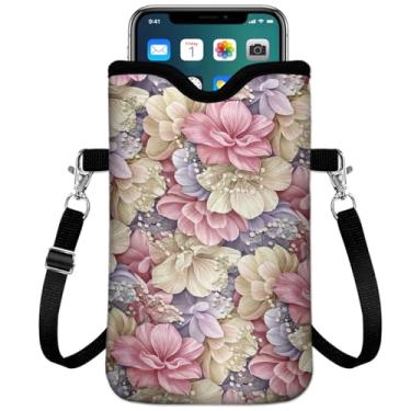 Imagem de IRADA Bolsa de neoprene para celular com alça transversal e cordão de pescoço para mulheres e homens 19 x 11 cm - bolsa universal para telefone com flores luxuosas à prova de choque