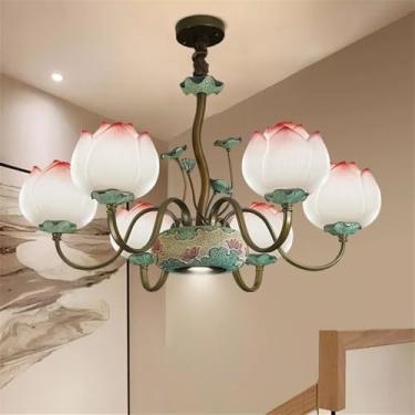 Imagem de OUFULA Luminária pendente de lótus contemporânea chinesa retrô criatividade sala de estar restaurante quarto villa hotel balcão decoração led lustre (D Pink 6 lights)
