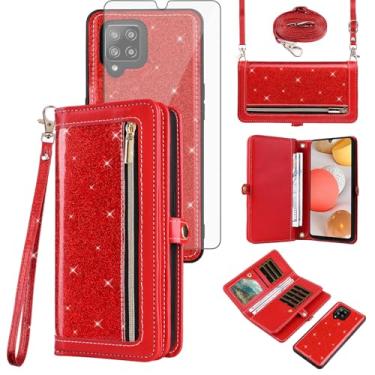 Imagem de Asuwish Capa de celular para Samsung Galaxy A42 5G Carteira com zíper destacável com protetor de tela de vidro temperado, alça transversal com glitter, porta-cartões A 42 G5 42A S42 4G 2021 feminina