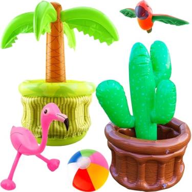 Imagem de Octaday Resfriador inflável gigante de cacto inflável, flamingo, bola de praia, papagaio, bola de praia, brinquedos para decorações tropicais havaianas de verão na piscina