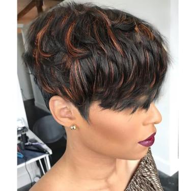 Imagem de Yviann Peruca Curta Ondulada Cacheada Com Franja E Mechas Castanhas, Cabelo Humano, Corte Pixie, Peruca Para Mulheres Negras, Cor Marrom Mista, Uso Diário L1B/33