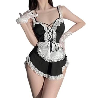 Imagem de THSCWY Fantasia feminina de empregada francesa, lingerie sexy, com alças profundas, decote em V, uniforme, camisola de renda, body, Preto, M
