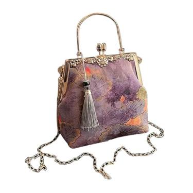 Imagem de Sacola retrô e bolsa feminina de gaze verde bordo, ambas com atmosferas versáteis que complementam uma variedade de configurações, Roxo nobre