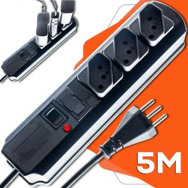 Imagem de Filtro Linha 3 Tomadas Extensão Cabo 1,20/3 / 5 e 10 Metros 10a Bivolt 2P+T Certificado Rauper (5 Metros)