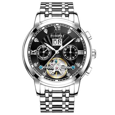 Imagem de ZUNPAI Relógios masculinos automáticos transparentes esqueleto mecânico relógio de pulso masculino clássico com corda automática diamante aço inoxidável à prova d'água, Prata - Preto, Tendência