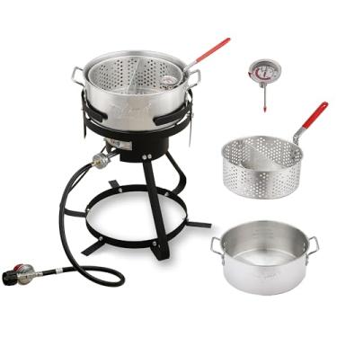 Imagem de Feasto Kit de panela de fritadeira de peixe a gás propano ao ar livre de 10 litros de alumínio com cesta de filtro, queimador de 50.000 BTU, regulador ajustável de 0-5 PSI, perfeito para ferver e