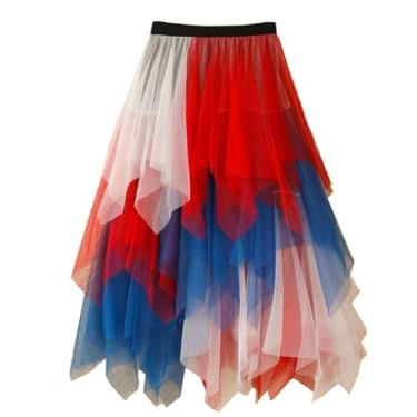 Imagem de UniqKaliber Saia feminina assimétrica de tule com cintura elástica, tutu em camadas, comprimento midi para festa à fantasia