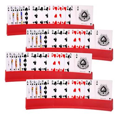 Imagem de Nautical Beach Decor (conjunto de 4) Porta-cartas de baralho para crianças idosas, suporte de dominó, porta-cartões de plástico mãos livres para canasta, festas de pôquer, dominó (vermelho)