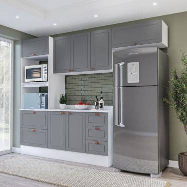 Imagem de Cozinha Pérola 4 Peças Torre Quente Aéreo 3 Portas E Balcão 2 Gavetas 3 Portas Com Tampo Branco-cinza