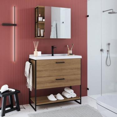 Imagem de Gabinete De Banheiro Industrial De Chão 80cm Com Lavatório E Espelheira Preto / Mel