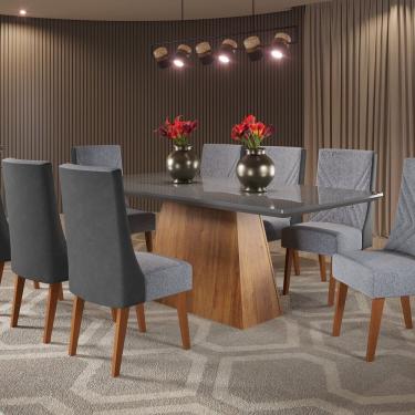 Imagem de Mesa De Jantar Retangular 200x90 Haven Com 8 Cadeiras Em Madeira Maciça Topazio Mel Grafitelinho. Inox-chumbo