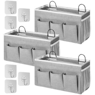 Imagem de Organizador de armazenamento de 3 peças, organizador de cabeceira de dormitório, organizador de cama com bolsos, bolso para pendurar para quarto, loft, barraca, cortina, acessórios de prateleira de
