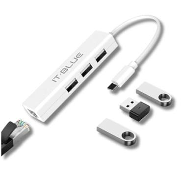 Imagem de Hub USB Tipo C, 3 Portas USB 2.0, Adaptador de Rede RJ45 Gigabit 10/100/1000 Mbps, Branco