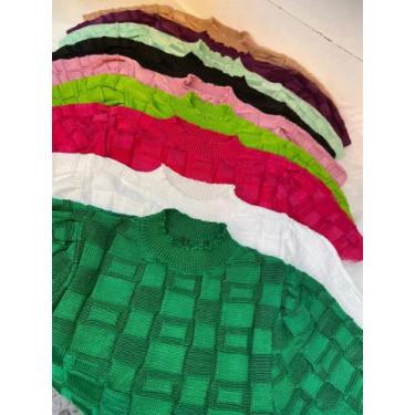 Imagem de Blusa cropped feminino tricô fio rayon manga curta bufante - moda filo