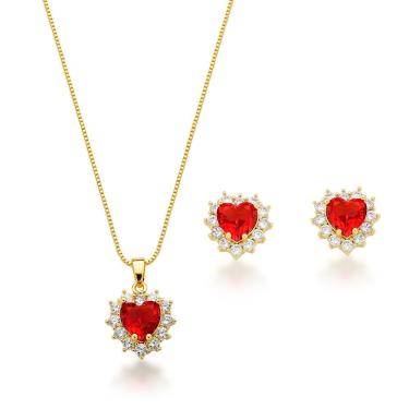 Imagem de Conjunto Colar E Brinco Coração Cravejados Vermelho Banhado A Ouro 18k