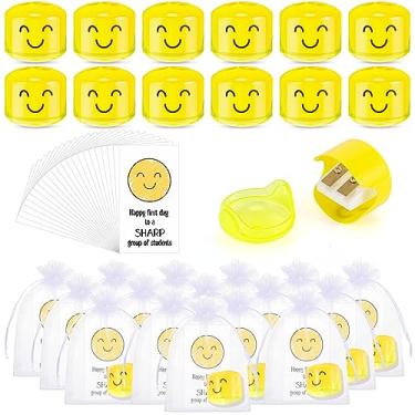 Imagem de Maitys 50 conjuntos divertidos de material escolar 50 sorridentes para crianças apontador de lápis portátil apontador de lápis de giz de cera 50 cartões de incentivo com 50 sacos de organza para