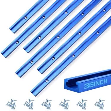 Imagem de Zonon 6 Pçs T-track com parafusos de madeira para carpintaria perfil de corte duplo trilho T universal trilho T trilho alumínio com furos de montagem pré-perfurados, azul (54 peças parafusos, 36 polegadas)