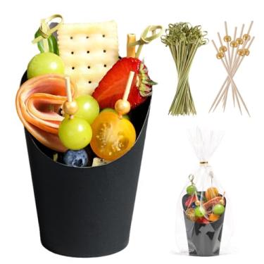 Imagem de WixiTool 120 conjuntos de copos descartáveis de charcutaria com palitos e sacos, caixas de lanche de papel kraft de 400 ml, porta-aperitivos, copo de batatas fritas, com espeto de bambu e pérola