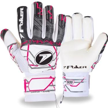 Imagem de Luva De Goleiro Poker Champion 9 Semi Profissional Multiterreno Flat Macia Confortável Grip Látex Reforçada Punho Ajustável Elástico (Branca-Rosa, 8)