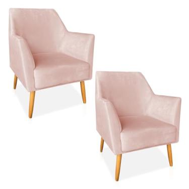 Imagem de Kit 02 Poltronas Decorativa Julia Veludo Rosa Bebê Pés Palito Castanho - Pallazio