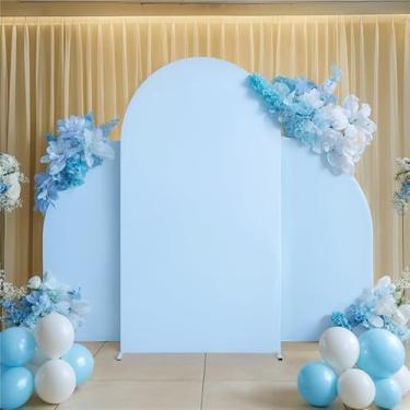 Imagem de Kitegrese Capa de arco de casamento elastano com suporte de arco, topo redondo Chiara e arco de meia lua conjunto de 3, para decoração de banquete de cerimônia de festa de aniversário (azul)