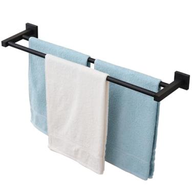 Imagem de Toalheiro duplo, toalheiro duplo de 61 cm para banheiro montado na parede, suporte de toalha de banheiro resistente, haste de toalha de banho moderna de aço inoxidável, preto fosco