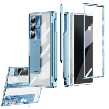 Imagem de Capa galvanizada Z Fold 7/6/5 para Samsung Galaxy Z Fold 7 5 4 3 5G com protetor de tela de vidro integrado, uma caneta, proteção de dobradiça, capa protetora de câmera de liga (dobra 7, azul)