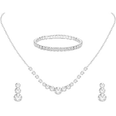 Imagem de Tatibana Conjunto de três peças de pulseira de brincos de strass da moda, pulseira de colar de tênis feminino, joias de casamento requintadas para noivas, conjunto de joias acessórios